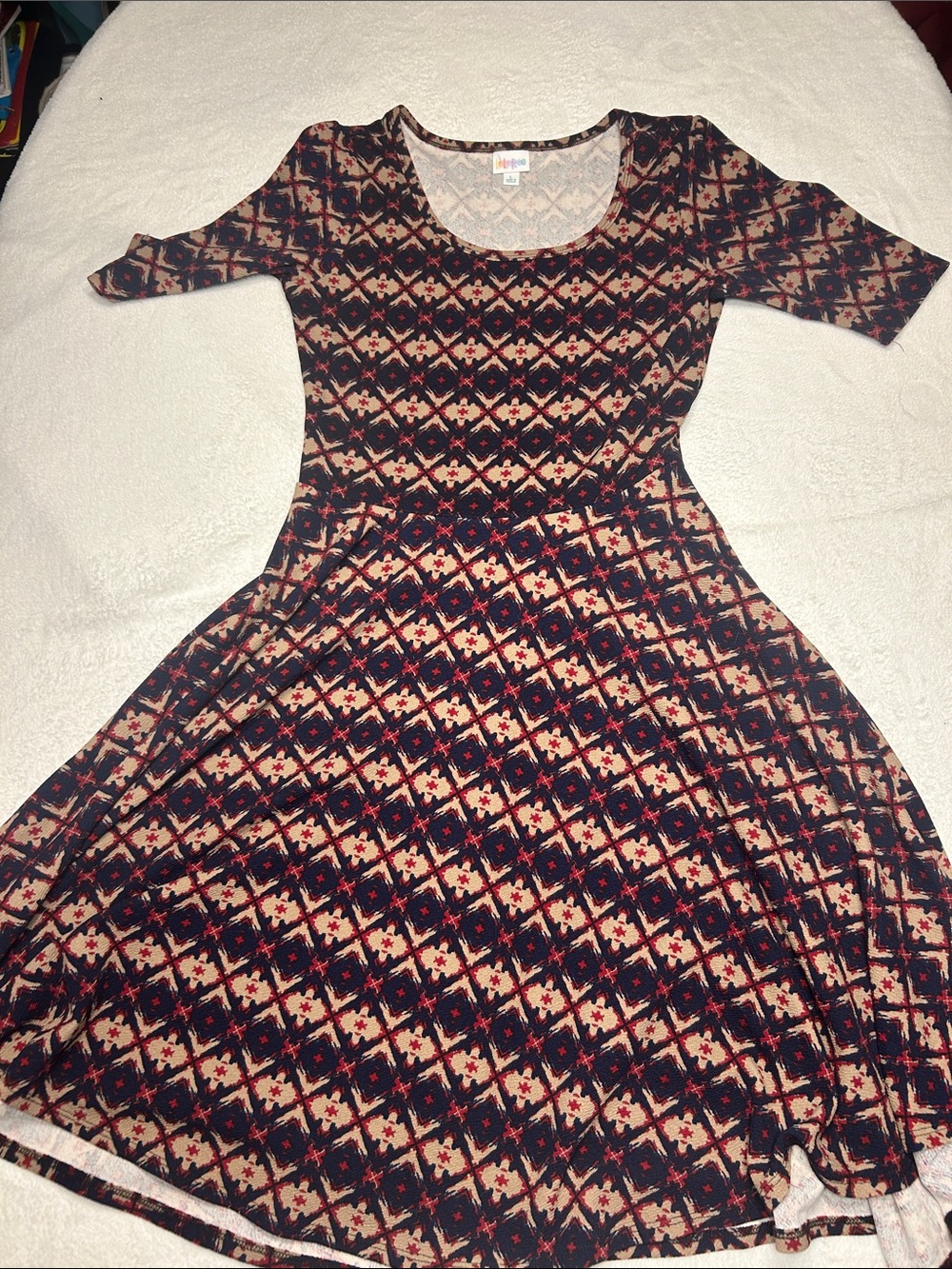 LuLaRoe Amelia Patterned Navy and Cream Fit & Flare Dress-Large
